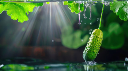 A vibrant cucumber hangs above the calm water surface, illuminated by sunlight rays filtering through lush green leaves, capturing nature's freshness and beauty.の素材