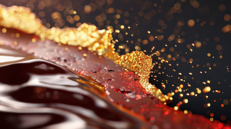 This stunning close-up image features a rich chocolate liquid, creating dynamic splash effects intertwined with shimmering golden sparkles against a dark backdrop.の素材
