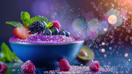 A visually stunning berry smoothie bowl topped with fresh raspberries, strawberries, blueberries, and mint, adorned with colorful sprinkles, perfect for health lovers.の素材