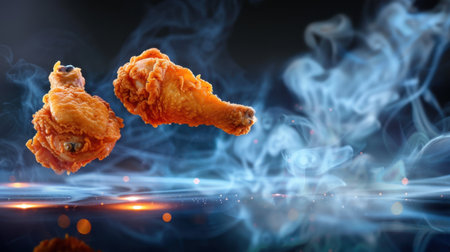 Two golden brown crispy fried chicken drumsticks floating above a smoky backdrop, showcasing culinary delight and irresistible flavor appeal for food lovers.の素材