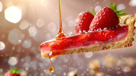A sumptuous slice of strawberry gelatin dessert with fresh berries on top, drizzled with golden honey, set against a sparkling bokeh backdrop.の素材