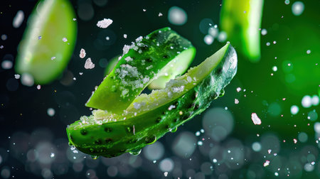 Captivating image of fresh cucumber slices suspended in mid-air, enhanced with water droplets and a vibrant light bokeh background, perfect for health-focused projects.の素材