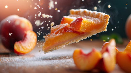 A vibrant peach tart slice floats effortlessly above a rustic wooden table, surrounded by fresh peaches and a sprinkle of sugar, creating a delectable scene.の素材
