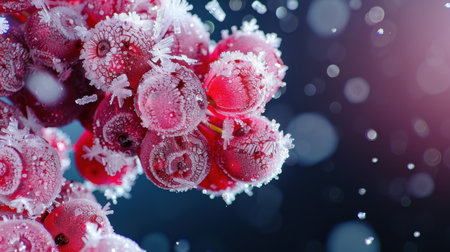 A stunning close-up of frosted red berries adorned with sparkling ice crystals, showcasing winter's beauty. This image captures the essence of nature's elegance during the cold season.の素材