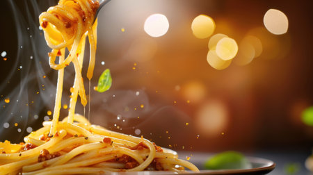 Indulge in a steaming plate of spaghetti twirled around a fork, showcasing rich sauce and fresh herbs against a cozy background of shimmering lights.の素材