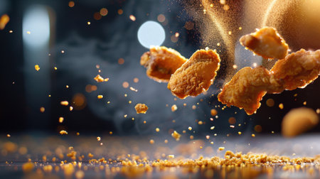 This captivating image showcases flying crispy fried chicken pieces against a dark background, surrounded by flavorful dust and smoke. Perfect for food-related themes.の素材