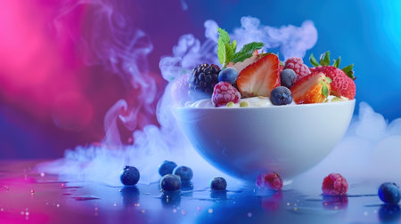 A beautifully styled yogurt bowl featuring a mix of fresh strawberries, blueberries, raspberries, and blackberries, enhanced with a smoky effect against a colorful background, perfect for showcasing healthy culinary delights.の素材
