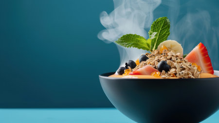 A beautifully styled breakfast bowl featuring a mix of fresh fruits, crunchy nuts, and wholesome granola, enhanced by a touch of steam for a warm appeal.の素材