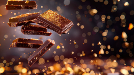 A captivating image of floating chocolate bars with a touch of golden shimmer, creating a festive atmosphere perfect for food lovers and dessert enthusiasts.の素材