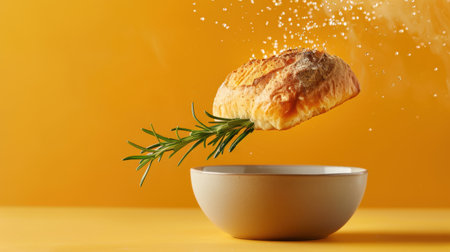 A captivating image of freshly baked bread levitating above a bowl, with aromatic rosemary adding a touch of elegance, all set against a cheerful yellow backdrop.の素材