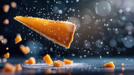A captivating image of a piece of cake in mid-air surrounded by sprinkled sugar particles, creating a dynamic and artistic visual feast for dessert lovers.の素材