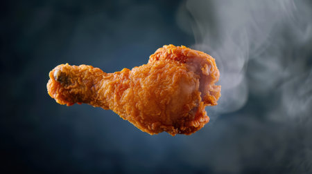 A perfectly cooked crispy fried chicken drumstick, golden brown and steaming, captures the essence of gourmet comfort food in a dramatic dark setting.の素材