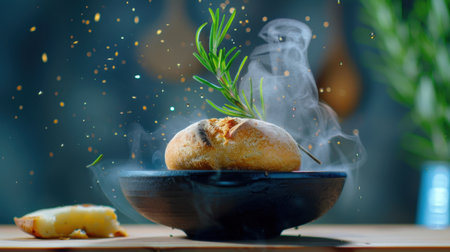 A beautifully composed image of freshly baked bread resting on a wooden table, garnished with rosemary and enveloped in aromatic steam, perfect for culinary themes.の素材