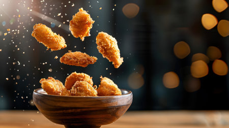 A stunning image of golden crispy fried chicken pieces floating above a rustic wooden bowl. The soft background highlights the savory allure of this delicious snack perfect for gatherings or casual dining.の素材
