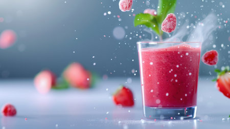 A vibrant strawberry smoothie splashes playfully from a clear glass, garnished with fresh mint leaves, evoking refreshing summer vibes and healthy indulgence.の素材