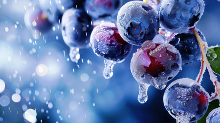 A close-up photo of fresh blueberries adorned with water droplets, set against a vibrant background. The image evokes freshness, health, and nature's beauty.の素材
