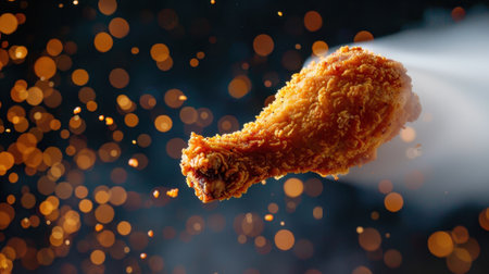 A stunning image of a crispy fried chicken drumstick soaring through the air, surrounded by a burst of seasoning and a dreamy bokeh background.の素材