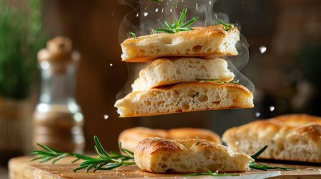 This captivating image showcases freshly baked bread with herbs, emitting steam in a cozy kitchen. Perfect for food lovers and culinary enthusiasts.の素材