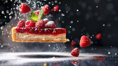 This stunning image showcases a raspberry cheesecake dessert, elegantly suspended in air, surrounded by fresh berries and a sprinkle of powdered sugar, creating an enticing visual appeal.の素材