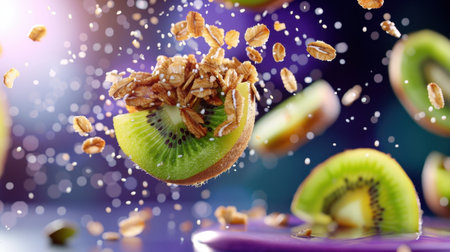 A captivating image showcasing slices of kiwi and granola, floating in mid-air against a colorful backdrop, highlighting health and freshness.の素材