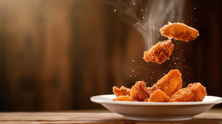 A tantalizing scene featuring crispy chicken wings tossed into the air above a white plate, with steam wafting in a cozy setting. Perfect for food lovers.の素材