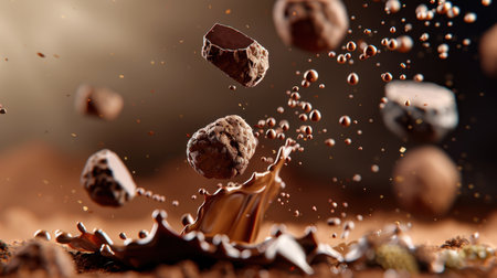 This captivating image showcases a dynamic splash of luxurious chocolate combined with airborne cocoa rocks, perfect for showcasing culinary creativity.の素材