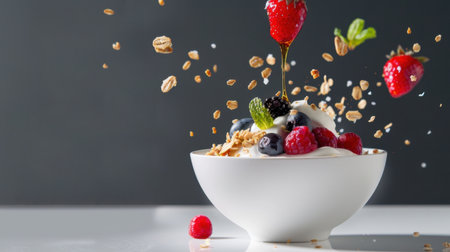 A vibrant arrangement of fresh berries and crunchy granola atop creamy yogurt in a bright bowl, creating a tempting and healthy breakfast option.の素材
