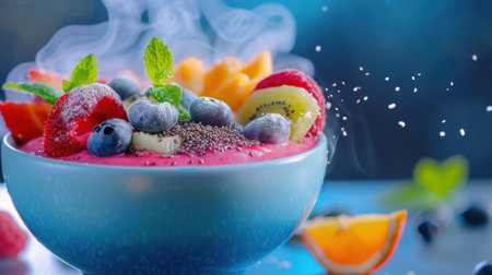 A stunning smoothie bowl filled with vibrant berries and tropical fruits, garnished with fresh mint, showcasing a healthy and delicious breakfast option.の素材
