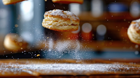 A visually captivating image of a fluffy pastry elegantly floating in mid-air, surrounded by a gentle cloud of flour dust in a cozy kitchen setting.の素材