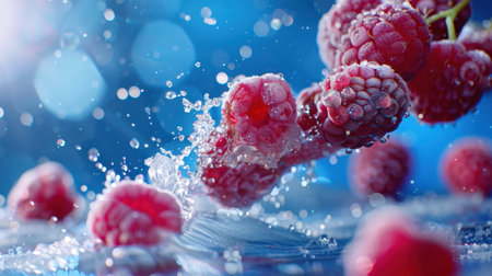 This stunning image captures fresh raspberries splashing into water against a blue background, enhanced by beautiful bokeh effects, showcasing vibrant colors.の素材