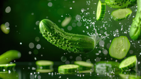 A captivating image of a cucumber splashing into water, surrounded by vibrant green slices, creating a dynamic and fresh visual, perfect for food-related themes.の素材