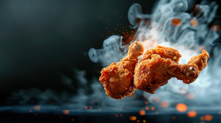 A stunning image of a crispy fried chicken piece, captured mid-air with swirling smoke and spices, perfect for promoting food or culinary delights.の素材
