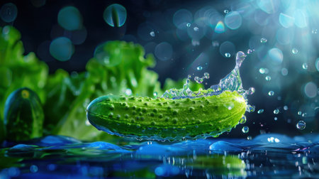 A stunning close-up of a fresh cucumber splashing in water, surrounded by droplets and an abstract backdrop, showcasing the essence of freshness and vitality.の素材