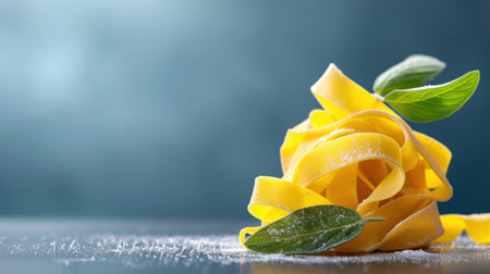 A vibrant and enticing close-up of fresh tagliatelle pasta garnished with green herbs, set on a dark wooden surface with a softly blurred background.の素材