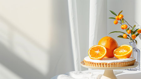 A vibrant display of ripe oranges on a creamy tart showcases the beauty of fresh fruit. Natural light enhances the inviting atmosphere in a bright kitchen setting.の素材
