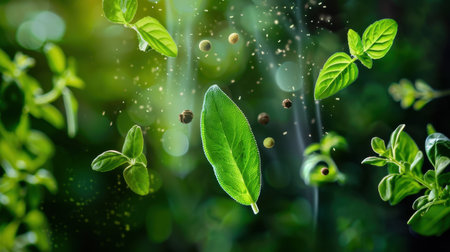 A captivating depiction of fresh herbs and leaves in motion, highlighting the beauty of nature and organic growth, showcasing vibrant colors and textures.の素材