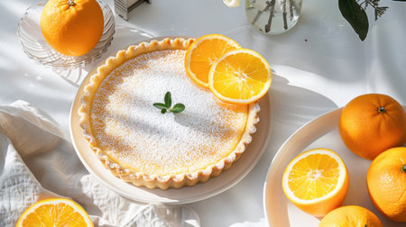 A beautifully crafted lemon tart adorned with fresh orange slices, placed on a white table setting with soft natural light enhancing its inviting appearance.の素材