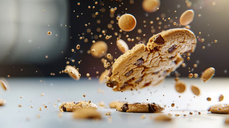 A captivating image of a chocolate chip cookie suspended in mid-air, surrounded by flying crumbs and nuts. The warm colors and dynamic motion create an inviting scene perfect for food lovers.の素材