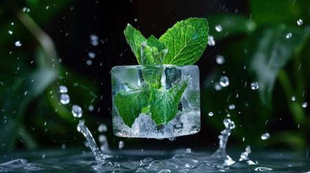 A captivating close-up of a mint leaf suspended in a clear ice cube, surrounded by splashing water droplets, set against a lush green backdrop.の素材