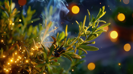 A captivating close-up image of a herb plant surrounded by delicate smoke and soft glowing lights, creating a magical atmosphere in a garden setting.の素材