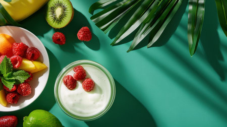 A visually appealing display featuring a bowl of creamy yogurt topped with fresh raspberries, surrounded by a colorful array of tropical fruits on a turquoise background.の素材