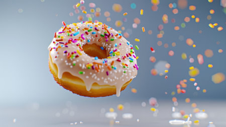 A delicious donut floats gracefully with colorful sprinkles and icing, against a bright minimalist background, capturing the essence of joy and indulgence.の素材
