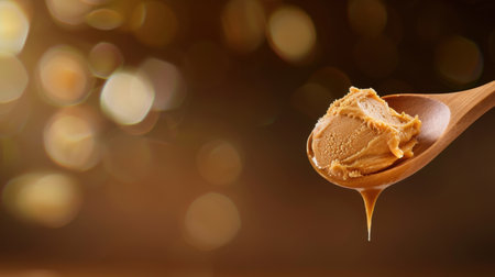 A close-up of creamy peanut butter dripping from a wooden spoon, surrounded by a soft bokeh background that enhances the warm tones, perfect for culinary projects.の素材