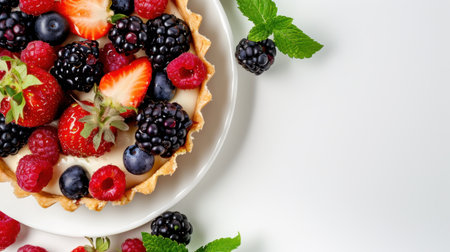 A beautiful berry tart featuring a medley of fresh strawberries, raspberries, blueberries, and blackberries garnished with mint leaves. Perfect for summer celebrations.の素材