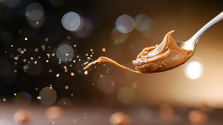 This visually appealing image features a spoonful of creamy nut butter, surrounded by a sparkling background. Perfect for culinary projects related to health and nutrition.の素材
