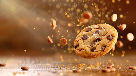 A delightful chocolate chip cookie captured mid-air, surrounded by falling chocolate chips and crumbs, radiating warmth and sweetness, perfect for food lovers.の素材