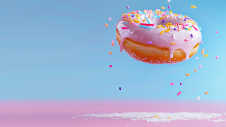A vibrant donut with pink frosting and colorful sprinkles floats in the air, set against a dreamy blue and pink background. Ideal for dessert-themed visuals.の素材
