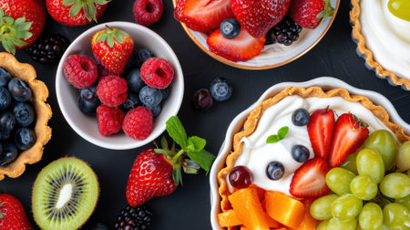 A vibrant arrangement of fresh fruits and delightful desserts featuring tarts filled with cream and assorted berries, perfect for referencing healthy eating.の素材