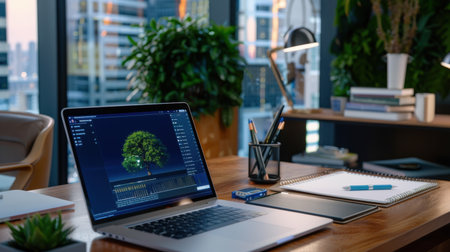 A stylish modern office workspace featuring a laptop displaying a tree design, surrounded by greenery and a stunning city skyline during sunset.の素材