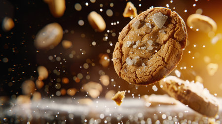 A dynamic image showcasing chocolate chip cookies in mid-air with sugar sprinkles, creating a sense of motion and indulgence, perfect for culinary visuals.の素材